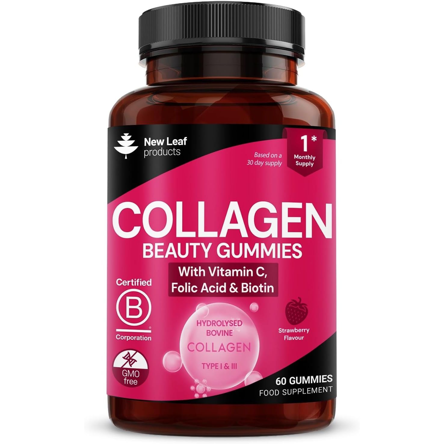 Collagen Gummies - High Strength Type L Bovine Collagan Beauty Supplement - Advanced Superior Type 1 Hydrolysed Collagen Peptides - Added Biotin, Vitamin C & Folic - 60 Gummies