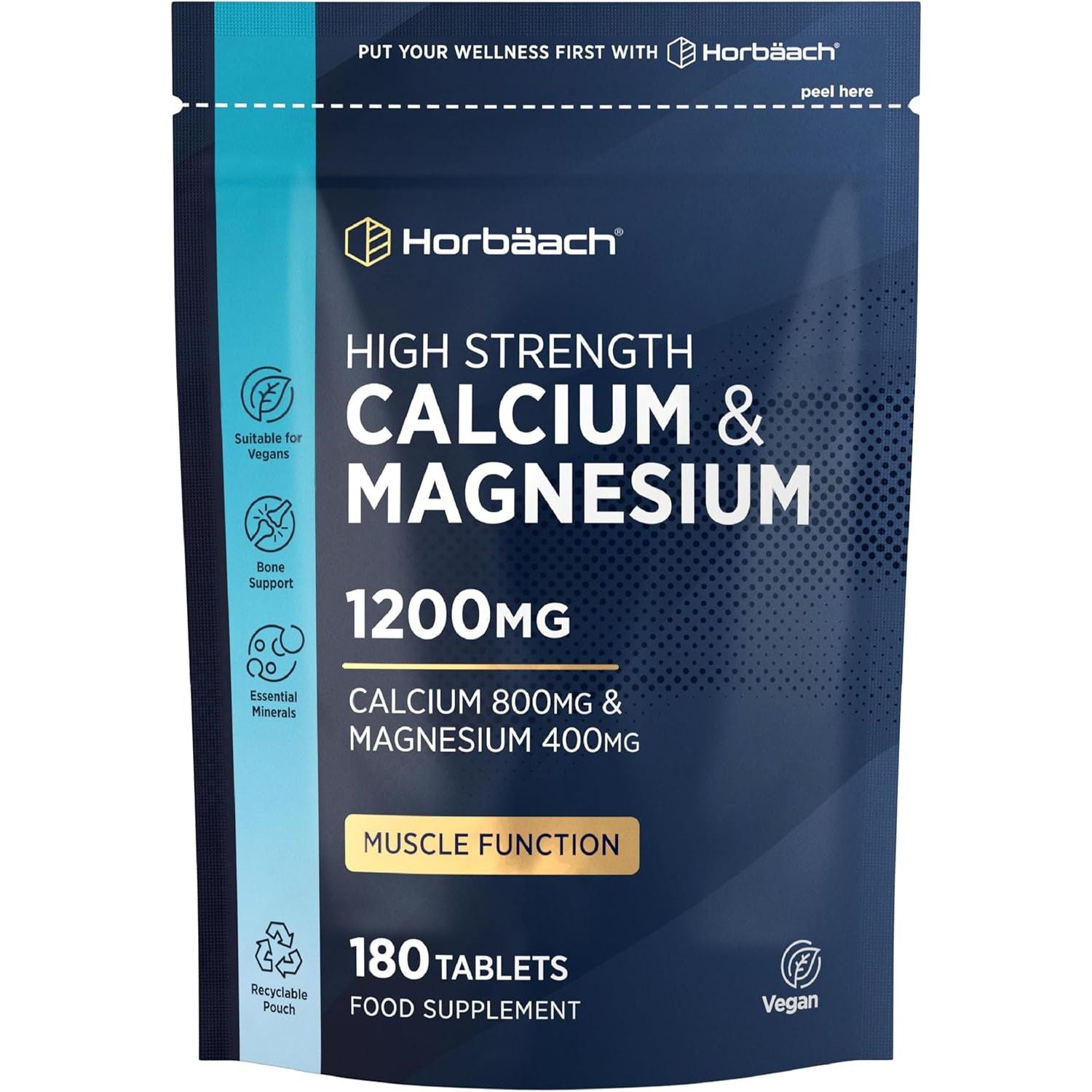 Calcium and Magnesium Tablets 1200Mg | High Strength Calcium & Magnesium Complex | 180 Vegan Tablets | by Horbaach