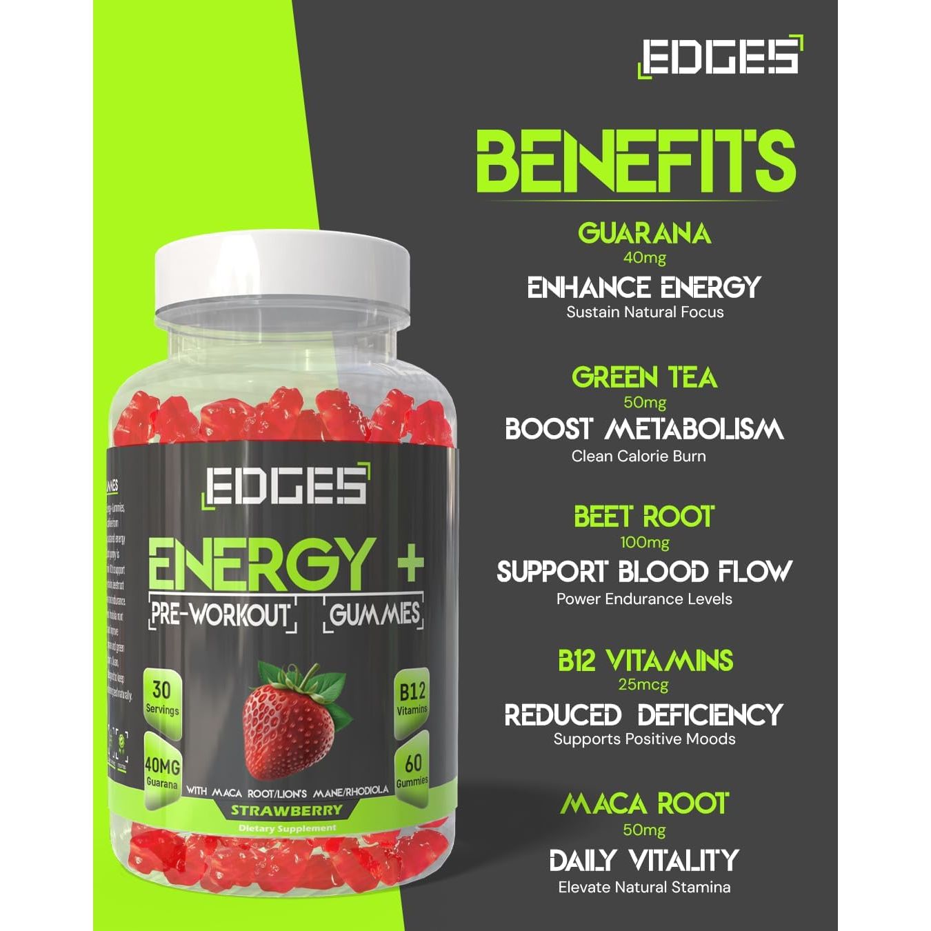 Edges Energy Gummies 60 Guarana Gummies for Men & Women - Guarana Energy Gummies - Strawberry Flavoured Pre-Workout - Gym Supplement - with B12 Vitamins, Lion'S Mane and Maca Root