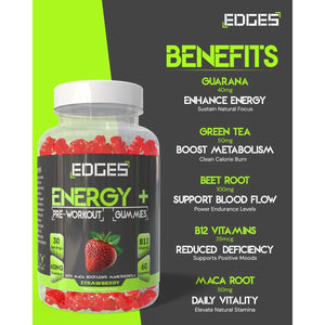 Edges Energy Gummies 60 Guarana Gummies for Men & Women - Guarana Energy Gummies - Strawberry Flavoured Pre-Workout - Gym Supplement - with B12 Vitamins, Lion'S Mane and Maca Root