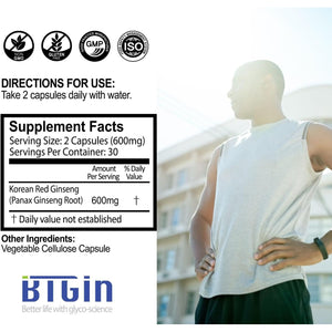 BTGIN Korean Red Ginseng Capsules, Natural Energy Supplements for Immune Support, Stress Relief, Focus and Mental Clarity, the Root Original Enriched with Pure Ginsenosides Rg3