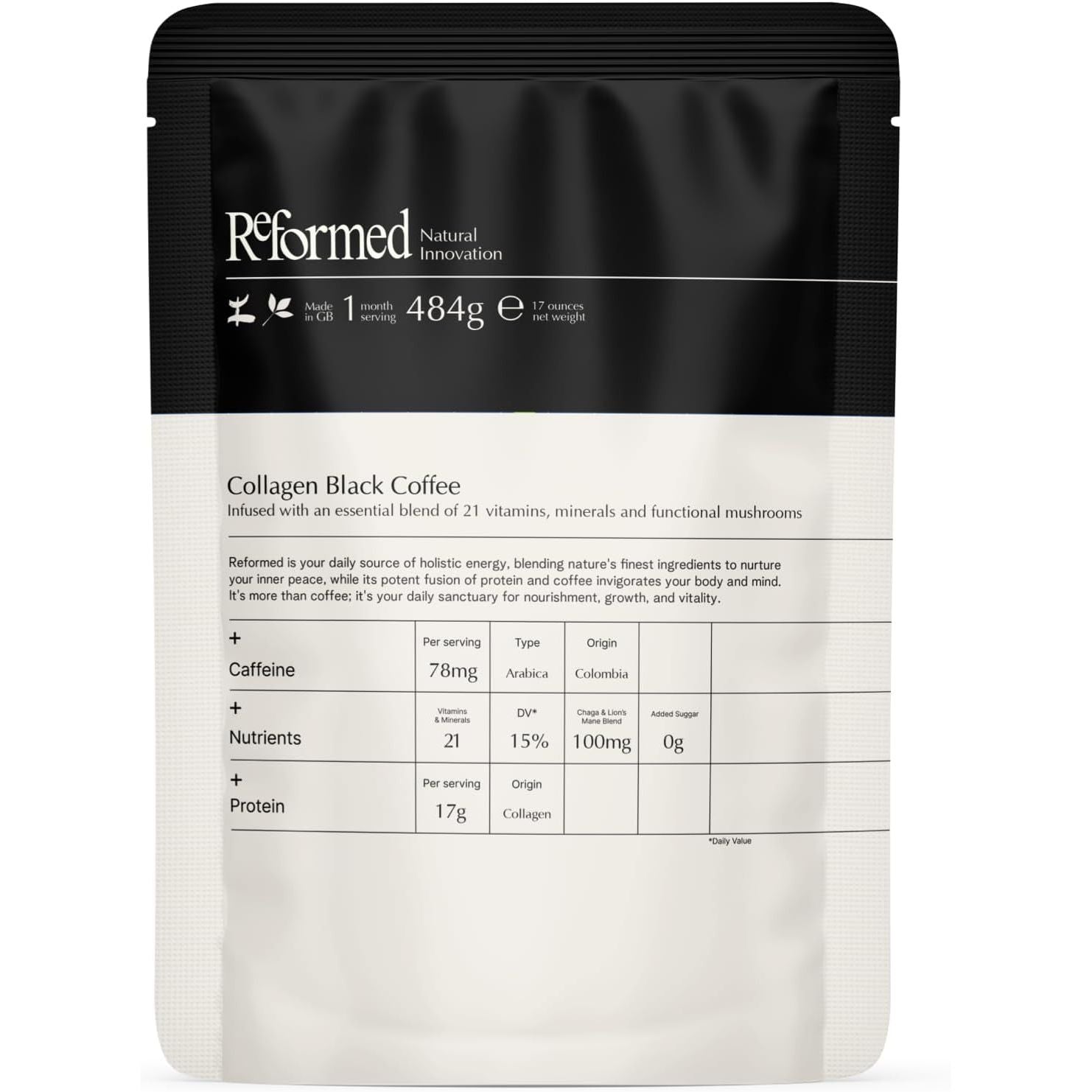 Reformed Collagen Black Coffee I High Protein, Hydrolysed Collagen (Bovine), Muscle Growth, Skin Health, Functional Mushrooms, 21 Vitamins & Minerals, Instant I UK Made I 1 Month Supply