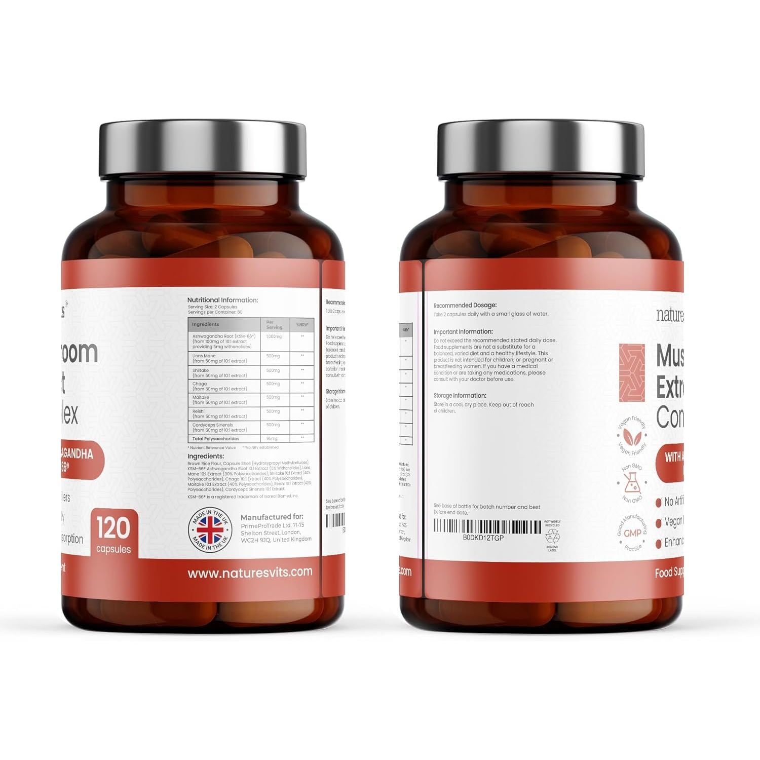 4000Mg 6 Mushroom Complex with Ashwaghandha KSM-66, Lions Mane, Cordyceps, Shiitake, Reishi, Chaga and Maitake, 120 Capsules, 2/Day Focus and Brain Support Herbal Nootropic - 40% Polysaccharides