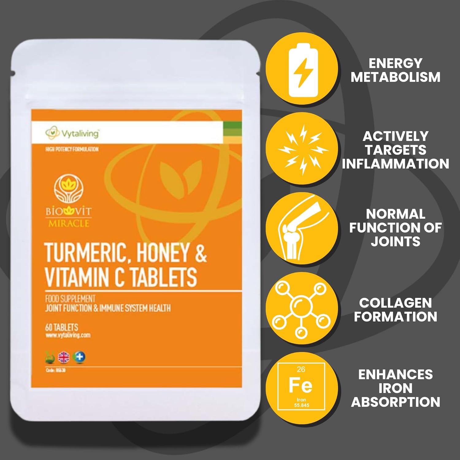 VYTALIVING 2500Mg High Strength Turmeric Tablets with Honey & Vitamin C, Turmeric Supplements, Herbal Food Supplement for Joint Function & Immune System Health | 60 Tablets