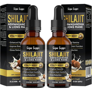 Shilajit, Ashwagandha, Lions Mane Liquid Drops - 120Ml Coconut Flavour - Testosterone Booster for Energy, Focus & Vitality - Ashwagandha & Lions Mane Supplement for Men - Natural Shilajit Complex 2Pk