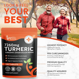 Turmeric Curcumin Tablets 7,260Mg per Serving - 95% Curcuminoids 2 Months Supply - with Ginger & Active Curcumin Including Black Pepper to Aid Absorption - High Strength Tumeric Supplement - Vegan UK