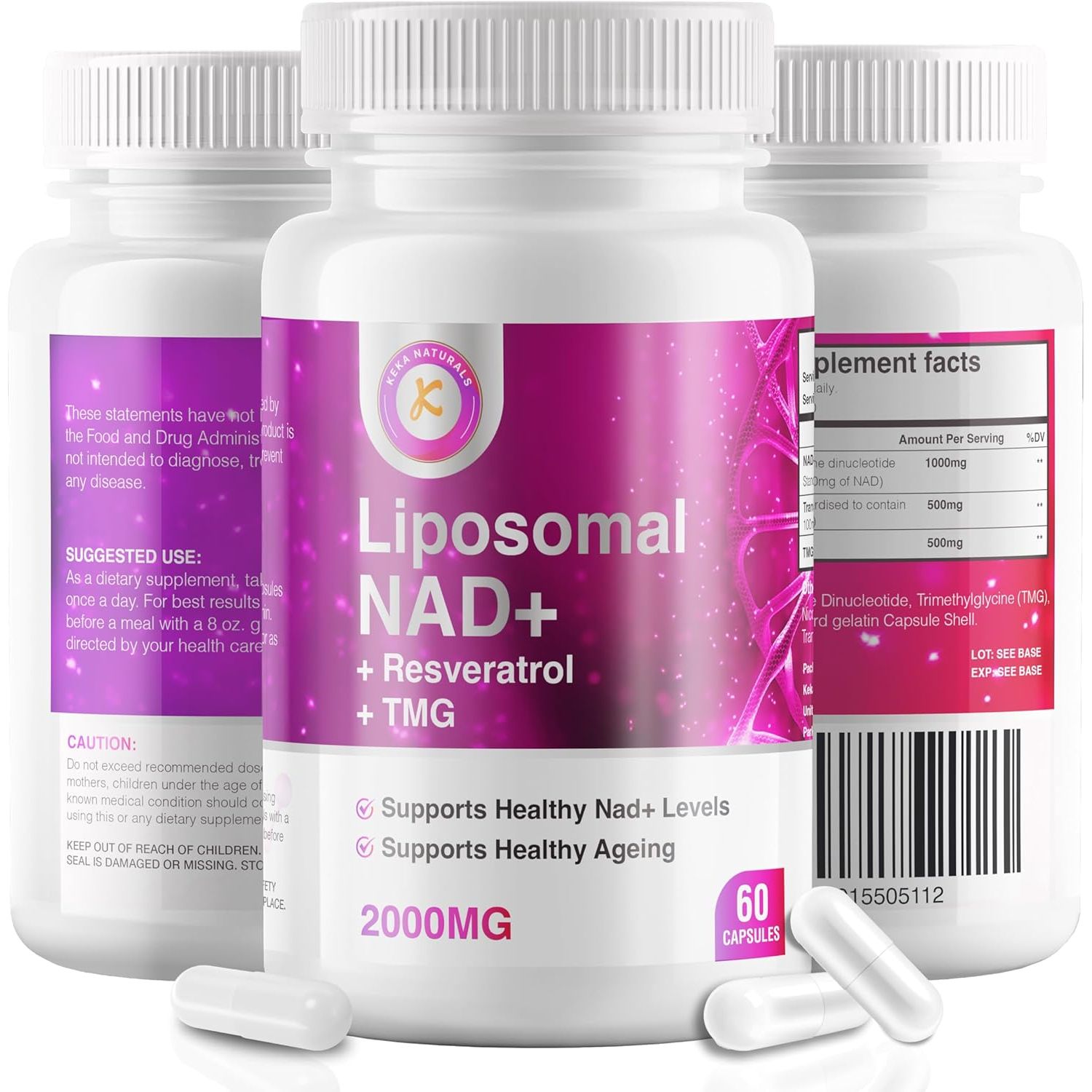 Pure NAD + Trans-Resveratrol + TMG | 2000Mg | 3-In-1 Advanced Formula | NAD Resveratrol TMG Supplement | Boost NAD+ | Immune & Energy Support, Skin & Overall Health | 60 Capsules