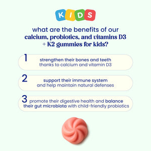 Jelly Pills Calcium for Kids + Probiotics & Vitamins D3 and K2-70 Vegan Gummies - No Added Sugars - Strawberry Flavor - Bone & Teeth Support