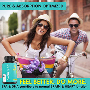 Omega 3 6 9 Triple Strength Fish Oil + Flaxseed Oil & Sunflower Oil - EPA & DHA - High Strength 1000Mg - Made in the UK - Omega369 in One Softgel by Nutrizing - Potent Essential Fatty Acids