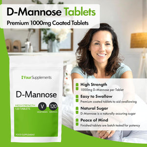 D-Mannose Tablets 1000Mg | Easy Swallow Coated Tablets | 120 Pack | High Strength | Natural Relief & Vegan Friendly