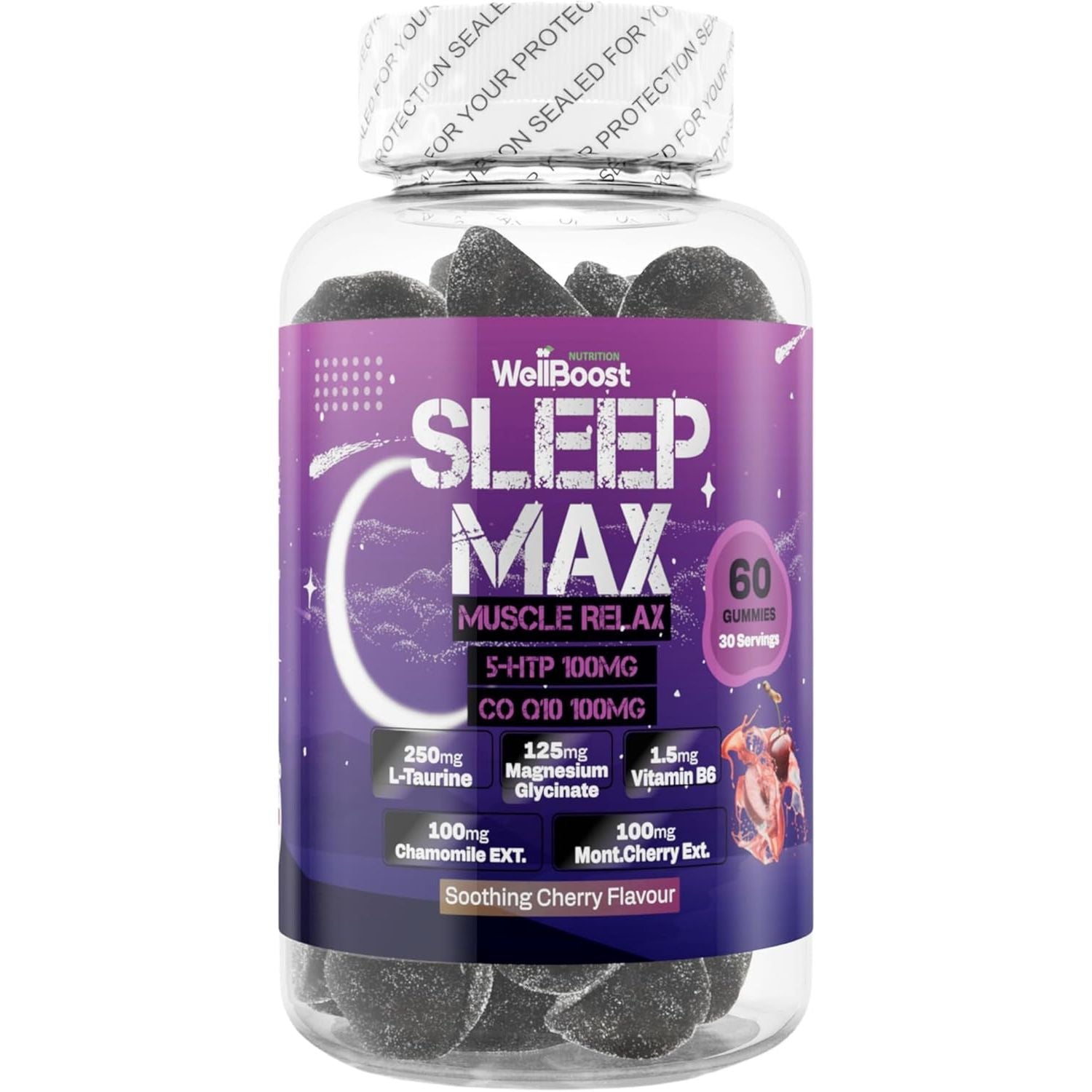 Wellboost Sleep Max Gummies – 5-HTP, Coq10, L-Taurine, Magnesium, Chamomile, Montmorency Cherry & Vitamin B6 – Soothing Cherry Flavour – Vegan Sleep Supplement (1 Month Supply)