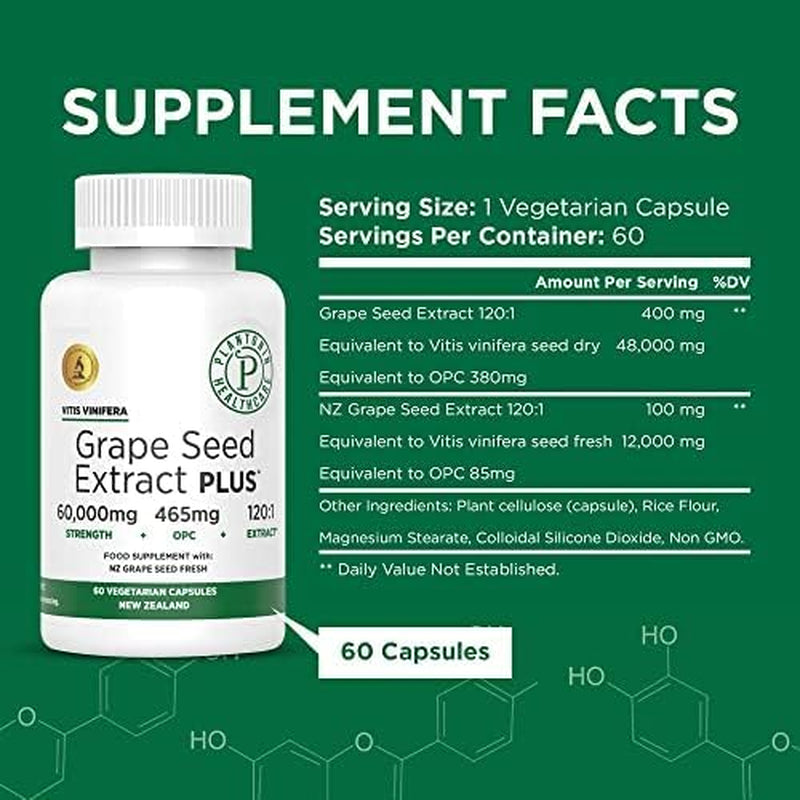 Plantonin Grape Seed Extract Capsules, 465 Mg – Polyphenols Supplement for Optimal Blood Flow & Kidney Support | 60 Capsules with 93% Opcs – 60,000Mg Strength, GMO & Gluten-Free