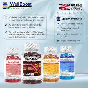 Muscleboost Gummies – Creatine, Bcaas, Glutamine & Lysine – Muscle Growth, Recovery & Endurance Support – Vegan, Sugar-Free, Strawberry Flavour – 60 Chewable Gummies for Adults