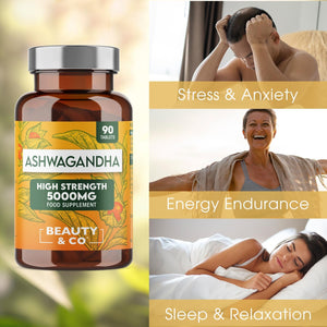 Ashwagandha 5000Mg 90 Tablets, Super High Strength Ashwagandha- 3 Months Supply from Beauty & Co, Pure Ashwagandha, Vegan, Made in the UK.