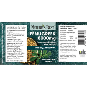 Fenugreek 8000Mg, Added Chromium to Support Blood Glucose Levels | 500Mg Seed Extract, and 250Mg of Active Saponins | High Strength | 90 Vegan Tablets, 2 a Day | UK Made