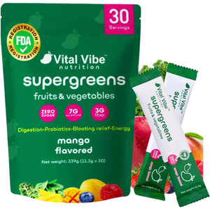 Vital Vibe Super Greens Powder 30 Servings - with Prebiotics, Probiotics & 3G Fiber - Spirulina, Chlorella for Gut Health, Energy & Digestion - Mango Flavor, Vegan, Zero Sugar