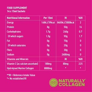 Naturally Collagen - 8000Mg of Premium Liquid Marine Collagen Supplement for Women & 180Mg Vitamin C for Healthier Skin, Hair & Nails - Clean & Natural - 15Ml Sachets - 14 Day Course - UK Made