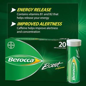Berocca Boost Effervescent Tablets with Guarana, Caffeine and Vitamin B12, Also Contains Vitamin C and Magnesium, 1 Pack of 20-3 Weeks Supply