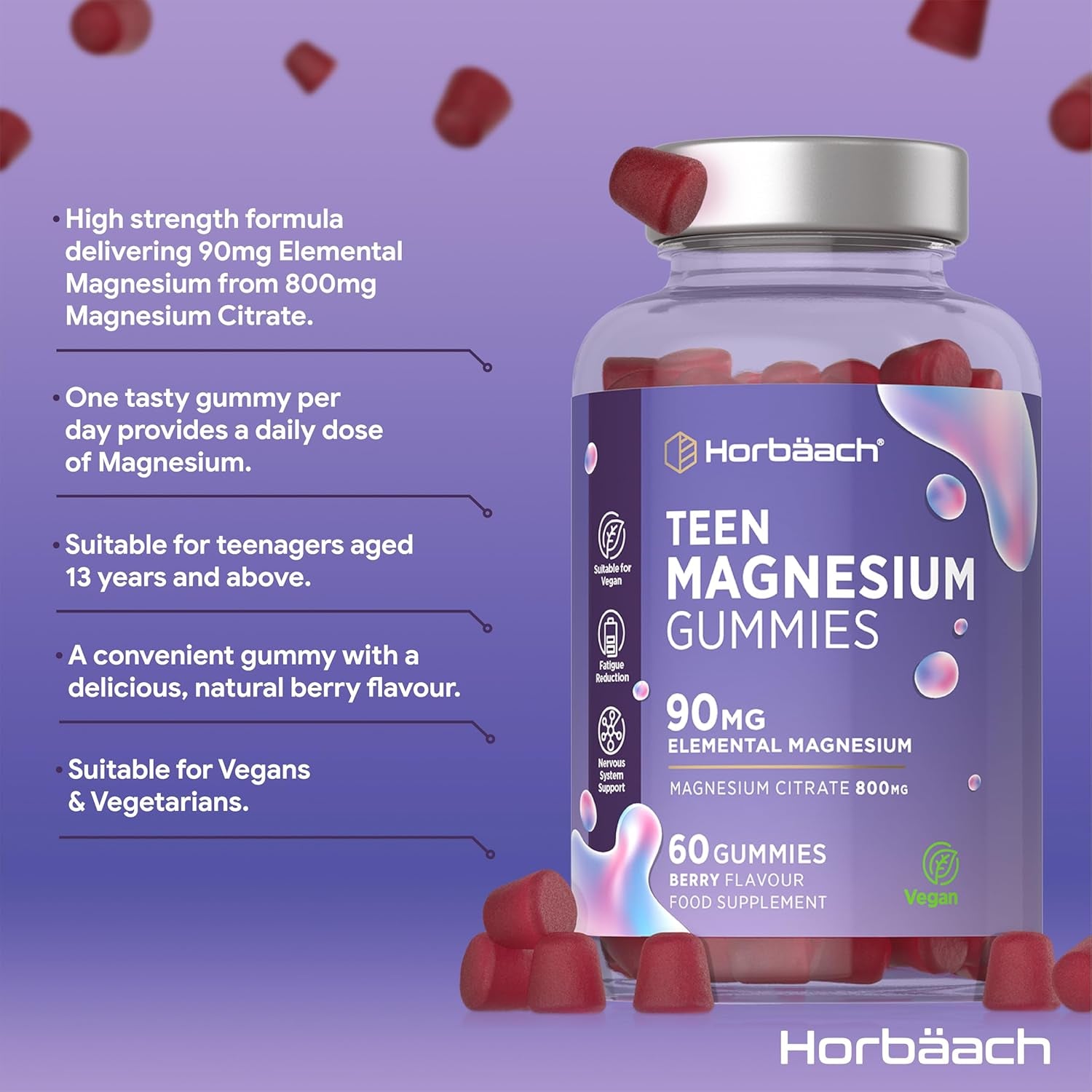 Teen Magnesium Gummies 90Mg | 60 Count | Elemental Mineral as 800Mg Magnesium Citrate | Berry Flavour Supplement Formulated for Teenagers | Vegan | by Horbaach