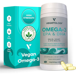 Vegetology, Vegan Omega 3 Capsules High Strength, 800Mg of EPA DHA from Algae Oil, with Added Vitamin D3, Supports Heart, Brain Function and Eye Health, 60 Capsules, UK Made