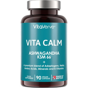 Vita Calm All-In-One Stress Relief with Ashwagandha KSM 66 12000Mg (High Strength 12 to 1 Extract), Passion Flower, Lemon Balm, Bacopa, L- Theanine, Magnesium, B Complex, Folate & Zinc