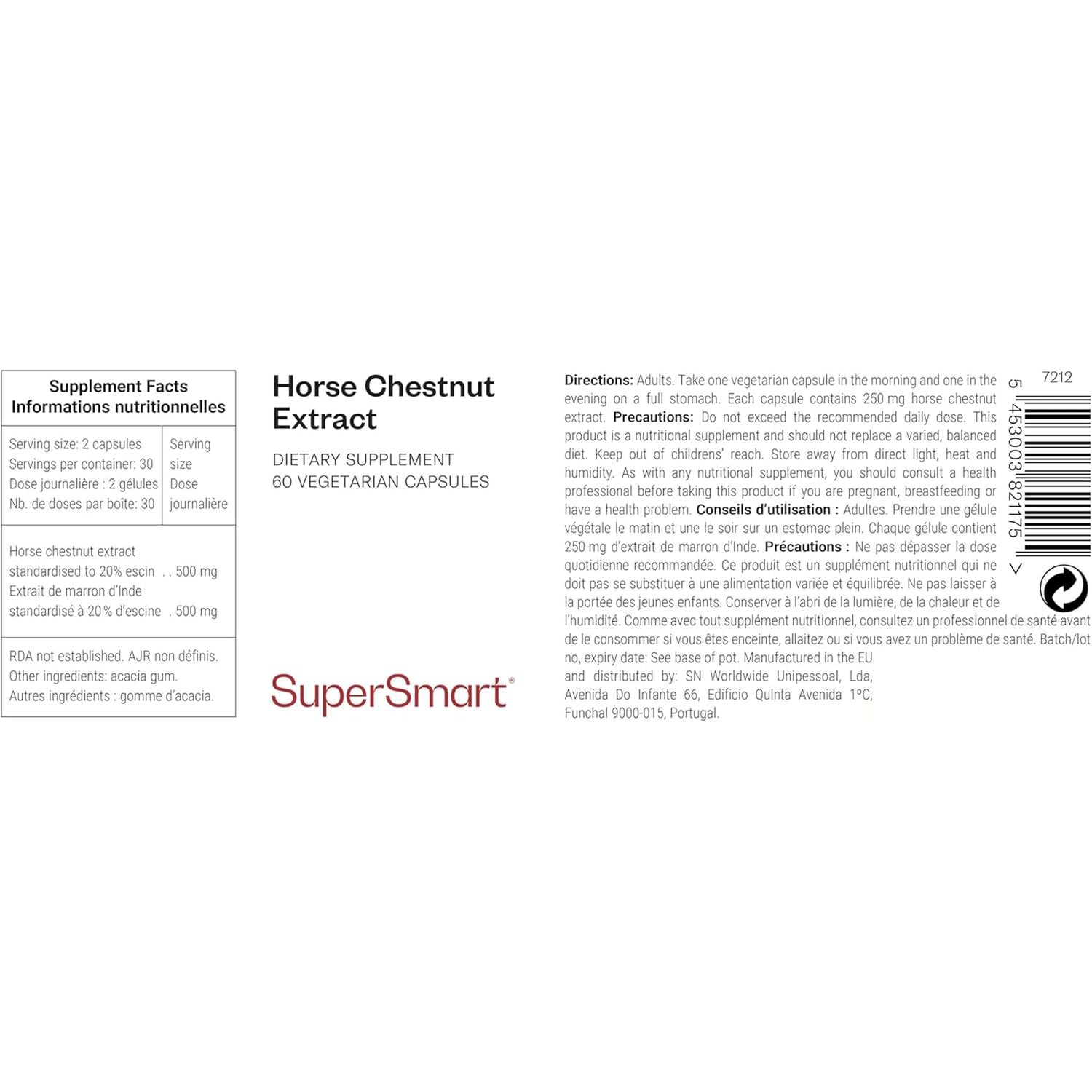 Supersmart - Horse Chestnut Extract 250 Mg - Extract Standardized to 20% Aescin - Support Healthy Venous Circulation - Legs Pain Relief | Non-Gmo & Gluten Free & Gluten Free - 60 Vegetarian Capsules