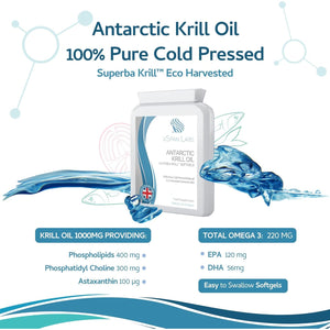 Antarctic Krill Oil 500Mg 60 Capsules - 100% Pure Cold Pressed Superba™ Krill Antarctic Eco Harvested – Reflux Free Source of Omega 3 EPA & DHA Lipids, Phospholipids, Choline and Astaxanthin