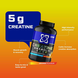 USN Creatine Anabolic 5000 – All-In-One Muscle Growth & Recovery Powder, 5000Mg Creatine Monohydrate + 3000Mg Bcaas, Low Sugar, Orange Flavour, 900G (30 Servings) - New Formula