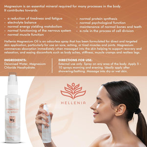 Magnesium Oil Spray 100Ml | Natural Repair Magnesium Spray for Sleep, Restless Legs, Sore Muscles | Menopause Relief | Vegan | by Hellenia