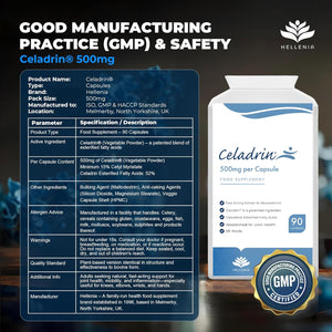 Celadrin® Capsules 500Mg | Potent Joint Care Supplement | Branded Ingredient | Clinically Researched for Improved Joint Function & Mobility | 90 Capsules - Vegan Friendly | Made in the UK by Hellenia
