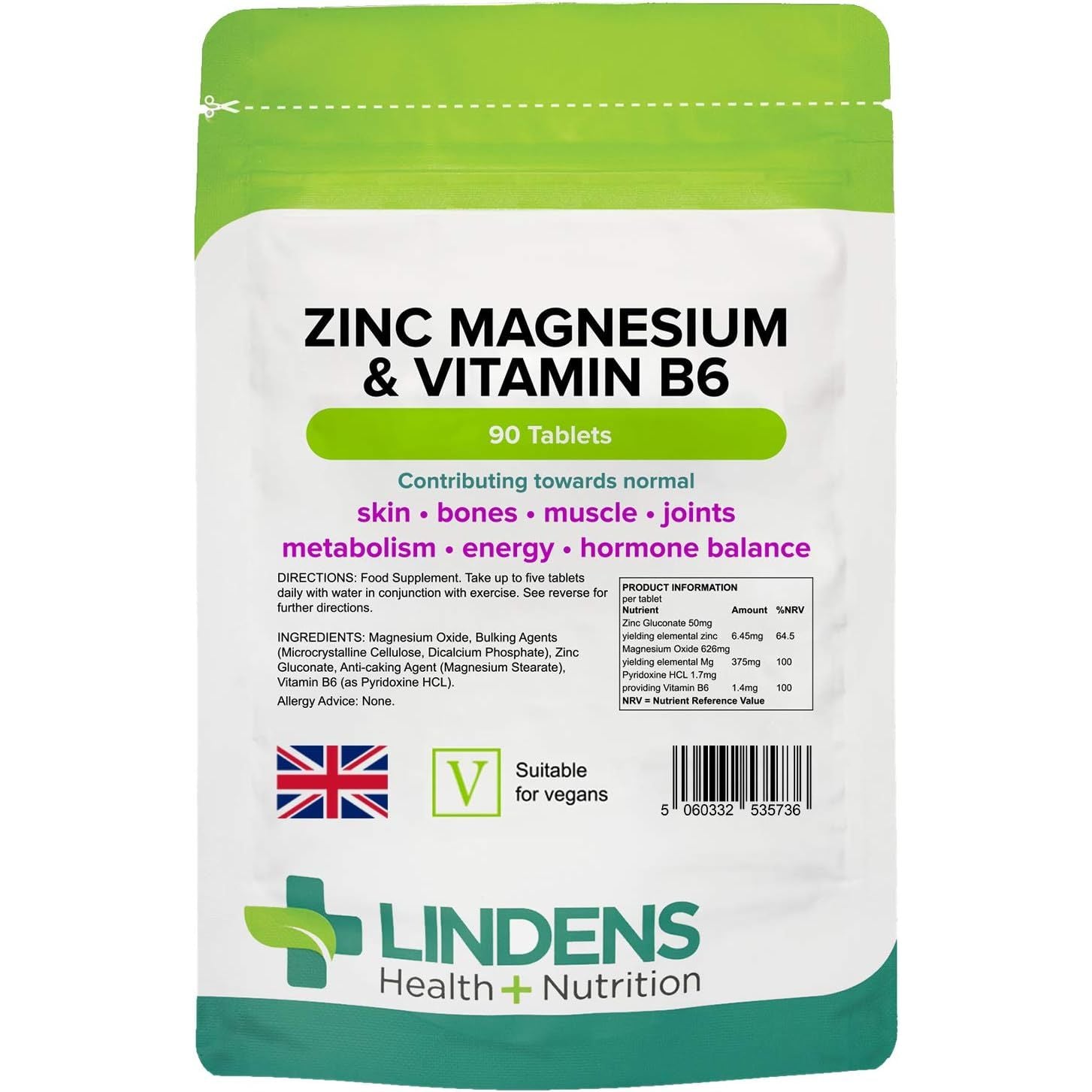 Lindens Zinc, Magnesium and Vitamin B6 Complex Tablets - 90 Pack - Reduction of Tiredness and Fatigue - UK Manufacturer, Letterbox Friendly