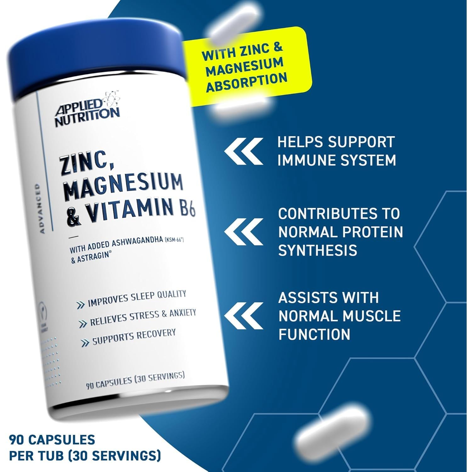 Applied Nutrition Zinc, Magnesium & Vitamin B6 with Ashwagandha Capsules - Natural Support for Hormonal Balance, Sleep Support & Stress Relief - 90 Capsules (30 Servings)