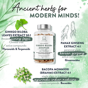 Ginkgo Biloba High Strength -7500Mg (50:1 Extract) + Bacopa Monnieri, Ginseng and Ginkgo Biloba Herbal Supplements + VIT B6, B1, B2, & Zinc -180 Nootropic Ginkgo Biloba Capsules - Packed W/Flavonoids
