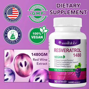 Resveratrol Supplement 1480Mg, 90 Capsules High-Potency Trans-Resveratrol Supplement for Heart, Skin, and Anti-Aging Antioxidant