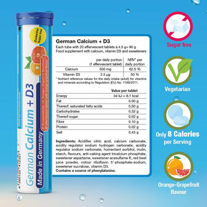 German Calcium + Vitamin D Drink Effervescent Tablets 60 Servings Orange-Grapefruit Flavour - 500 Mg Calcium, 2,5 Μg Vitamin D3 - T&D Pharma – Made in Germany
