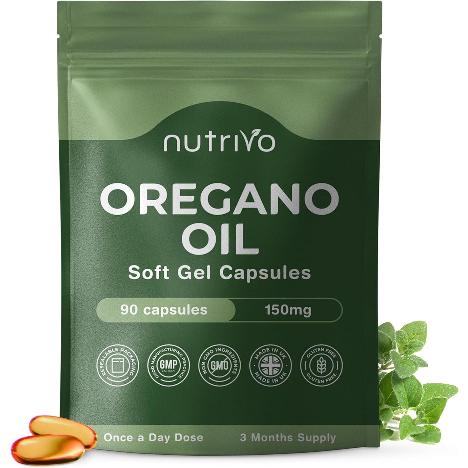 Oregano Oil Capsules | High Strength Oil of Oregano - 150Mg per Soft Gel | High Carvacrol Content | Immune & Digestive Support | Cold Pressed, Non-Gmo & UK Made