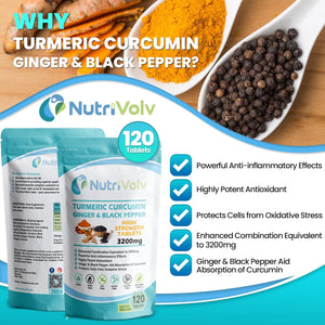 Nutrivolv Turmeric Curcumin 3200Mg with Ginger & Black Pepper for Enhanced Absorption | High Strength | Organic | Vegan 120 Tablets | Joint Support, Inflammation & Pain Relief