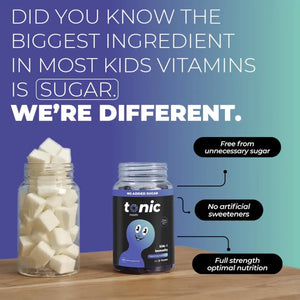 Tonic Health Kids Immunity Gummies - 7 in 1, Elderberry Gummies, No Added Sugar, No Sweeteners, Vitamins C, D and Zinc, Wild Berry Flavour, Month Supply (60 Count), Ages 3-12, Vegan.