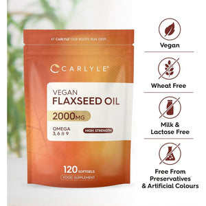 Flaxseed Oil Capsules 2000Mg | 120 Vegan Softgels | High Strength Supplement with Omega 3 6 & 9 | Cold Pressed | by Carlyle