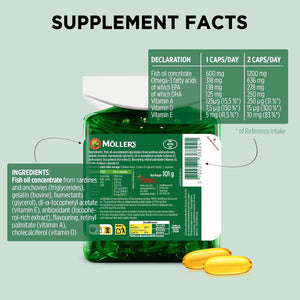 Moller’S ® | Omega-3 Capsules | Fish Oil | Nordic Omega-3 Dietary Supplement with EPA and DHA and Vitamins A, D and E | 166-Year-Old-Brand | Daily Health | 112 Capsules
