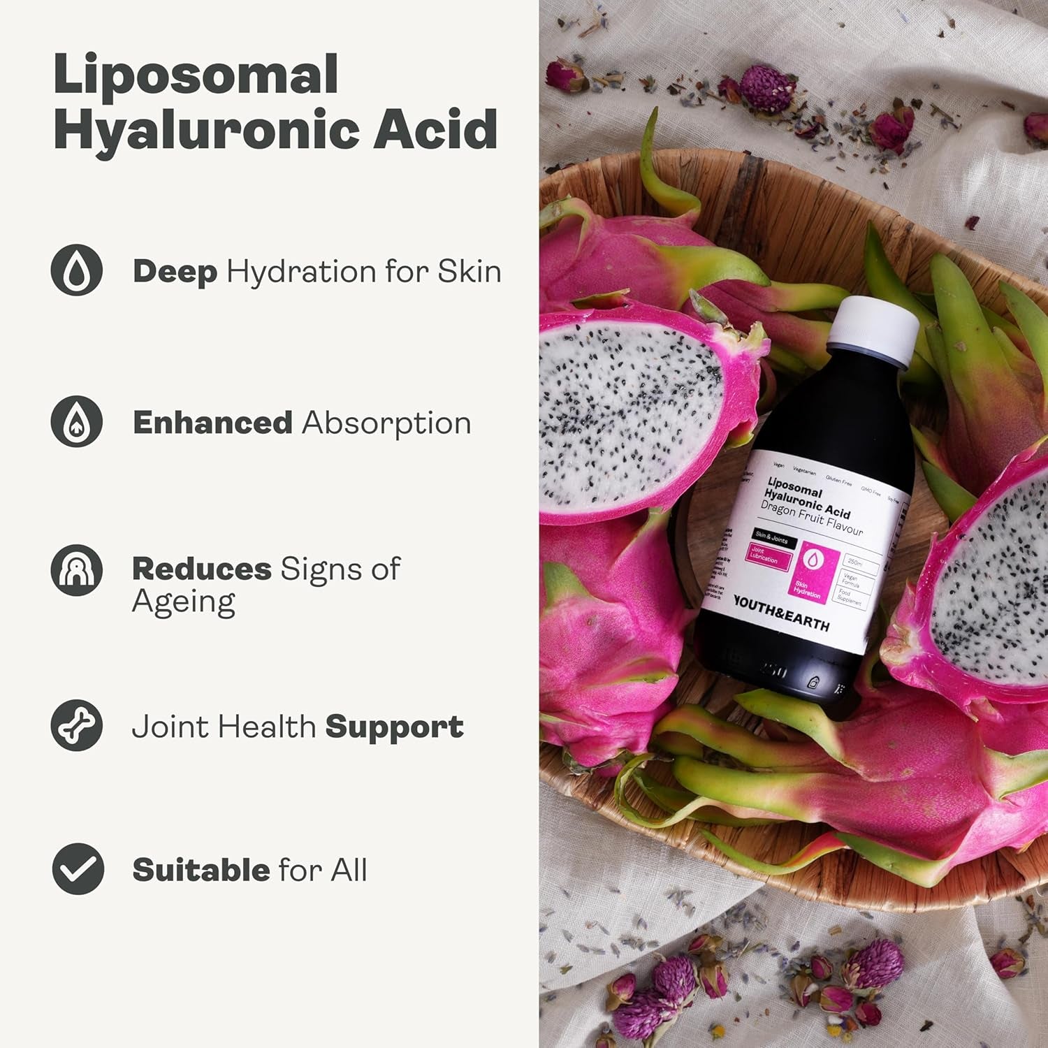 Youth & Earth Liposomal Hyaluronic Acid Liquid - Pure Hyaluronic Acid Supplements for Natural Skin Hydration & Joint Supplements for Men & Women - 100% Vegan Formula Dragon Fruit Flavor (250Ml)