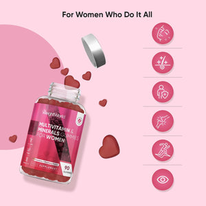 Multivitamin Gummies for Women - 13 Active Ingredients - 90 Gummies - Natural Strawberry & Raspberry Flavour - Women Multivitamins with Zinc, Calcium, Hyaluronic Acid & Vitamins A, C, B6, B7, B9 & B12