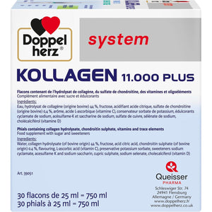 Doppelherz - Kollagen 11000 plus - Collagen Hydrolysate, Chondroitin Sulphate, Vitamins C and D and Trace Elements - for Bones, Cartilages and Tendons - Wild Berry Flavour Liquid- 30 Bottles of 25Ml