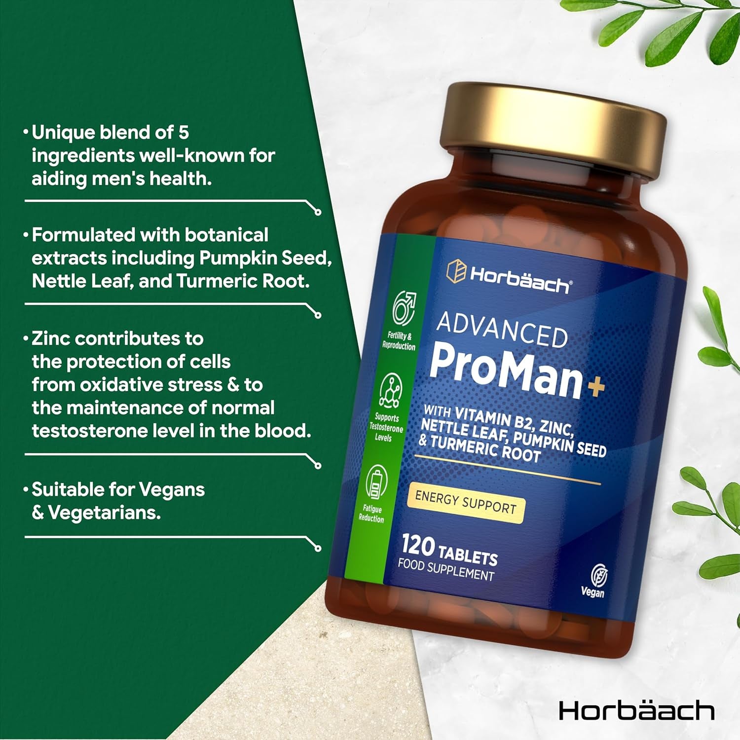 Proman+ Supplement for Men | Complex Formula with Pumpkin Seed, Nettle Leaf, Vitamin B2, Zinc and Turmeric Root | 120 Vegan Tablets | by Horbaach