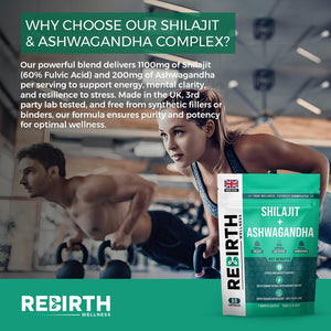 Shilajit Capsules 60 Vegan Capsules - 1300Mg per Serving with Ashwagandha Root Extract, 60% Fulvic Acid, Pure High Strength Shilajit Supplement for Stamina and Stress -