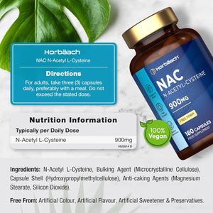 NAC Supplement N-Acetyl-Cysteine 900Mg | 180 Vegan Capsules | Amino Acids High Strength | Free Form | by Horbaach