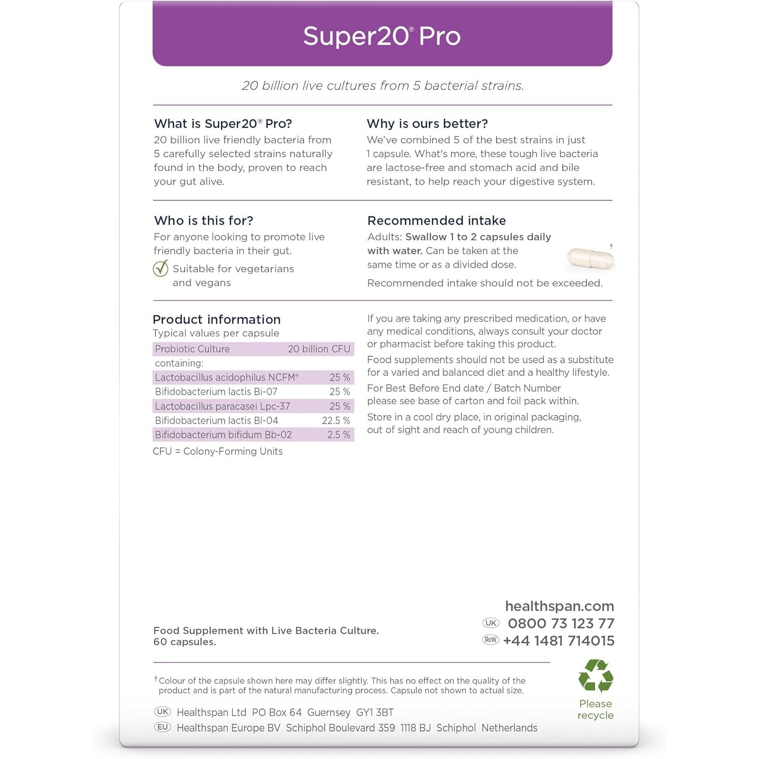 Healthspan Super20 Pro Supports a Healthy Gut (60 Capsuels) | Probiotic with 20 Billion Live Friendly Bacteria | from Five of the Best Strains | Promotes Friendly Bacteria in Your Gut | Vegan