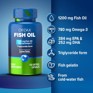 Orzax Fish Oil 1200 Mg, EPA&DHA, Triglyceride Form Burpless Omega 3, Lemon Flavor, Supports Heart, Brain, Eyes, and Joints, 120 Softgels,60 Day Supply