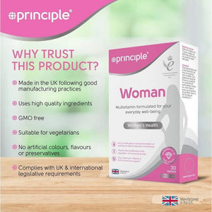 Principle Woman Multivitamin – 30 Tablets | One-A-Day Supplement for Women | with Iron, Folic Acid, Vitamin D & B12 | Supports Energy, Immunity & Hormonal Balance | Made in the UK