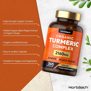 Organic Turmeric and Black Pepper 2160Mg | with Added Ginger | High Strength Curcumin Capsules | 365 Vegan Capsules | Easy-To-Swallow Formula | by Horbaach